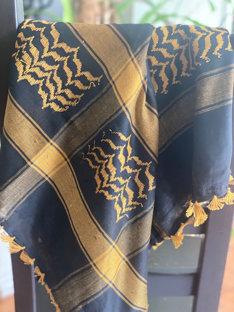 Sanasel Authentic Palestinian Keffiyeh – Handcrafted with Heritage (Yellow on Black)